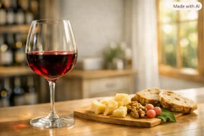 Taça de vinho tinto rubi sobre mesa clara com pedaços de queijo maturado, nozes e pão artesanal, iluminada por luz natural em ambiente sofisticado de degustação