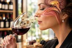 Taça de vinho tinto sobre mesa clara de degustação, ao lado de estruturas translúcidas representando de forma artística a interação molecular entre taninos e proteínas salivares, iluminadas por luz natural em ambiente sofisticado e luminoso