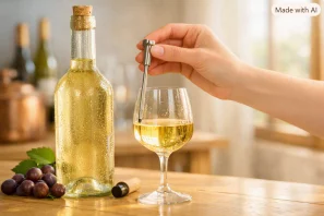 Mão elegante segurando termômetro de vinho junto a garrafa de vinho branco dourado e taça de cristal com condensação, sobre mesa de madeira clara em ambiente de degustação iluminado por luz natural.