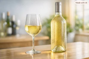 Taça de vinho branco com condensação sobre mesa de madeira clara, ao lado de garrafa gelada, em ambiente contemporâneo iluminado por luz natural suave.