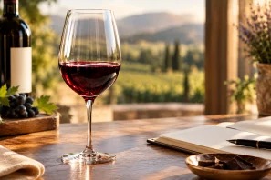 Taça de vinho tinto em mesa de madeira, com vinhedos ao fundo sob a luz do entardecer. Vinho e Tempo: A Arte de Esperar e os Segredos da Evolução na Taça
