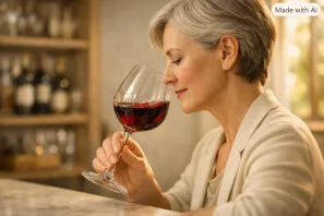 Pessoa madura e elegante vista de perfil, segurando taça de vinho tinto e observando seus aromas com atenção tranquila em ambiente sofisticado de degustação, com prateleiras de adega desfocadas e luz natural suave entrando por uma janela