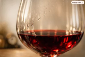 Detalhe macro das lágrimas do vinho, pequenas gotas transparentes e brilhantes descendo lentamente pela parede interna de uma taça de cristal com vinho tinto rubi, iluminadas por luz lateral suave em fundo neutro marfim e bege