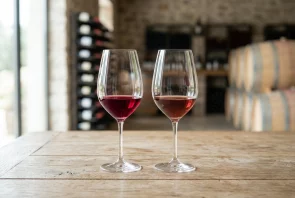 Duas taças de vinho tinto com tonalidades distintas em uma degustação comparativa.
