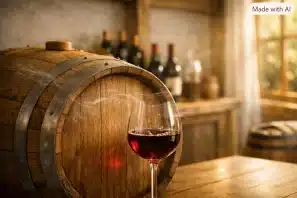 Barrica de carvalho com vinho tinto em maturação em adega luminosa, com filamentos translúcidos sugerindo passagem de oxigênio pela madeira, garrafas ao fundo e luz natural dourada