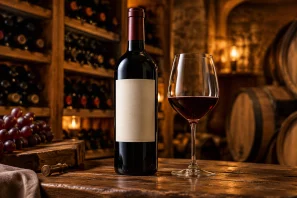 Garrafa de vinho tinto e taça de cristal em uma adega iluminada, com barris de madeira e garrafas ao fundo