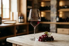 Taça de vinho tinto sobre mesa de madeira com uvas em ambiente de adega elegante.