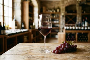 aça de vinho tinto sobre mesa rústica de madeira clara, acompanhada por um cacho de uvas roxas em primeiro plano. Ao fundo, uma adega sofisticada com prateleiras, garrafas e compartimentos de armazenamento aparece suavemente desfocada sob iluminação natural acolhedora