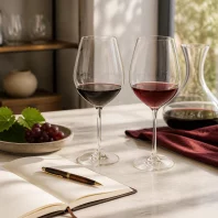 Duas taças de cristal contendo vinhos tintos de tonalidades diferentes sobre uma mesa clara, ao lado de um decantador com vinho, cacho de uvas roxas e um caderno aberto com caneta. Ao fundo, ambiente sofisticado e iluminado naturalmente, com elementos de degustação discretamente desfocados
