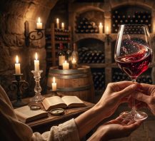 Uma taça de vinho na mão, velas , barriques de carvalho em uma cena intimista e acolhedora