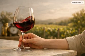 Mão e antebraço de pessoa adulta segurando taça de vinho tinto sobre mesa de pedra clara, com orientação natural dos dedos e vinho formando película nas paredes internas; ao fundo, vinhedo iluminado pela luz dourada do fim da tarde