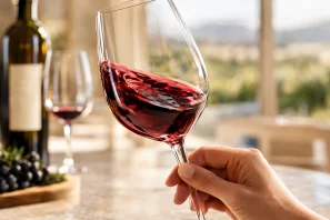 Taça de cristal com vinho tinto em movimento circular durante a degustação. Vinho e Movimento: O Segredo Invisível que Acontece Quando Giramos a Taça
