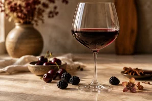 Taça de cristal com vinho tinto rubi sobre mesa de pedra bege clara, cercada por poucas amoras, cerejas escuras, especiarias naturais e uma flor seca. A iluminação lateral suave destaca a transparência da taça e a cor profunda do vinho, enquanto o fundo desfocado em tons quentes de madeira cria uma atmosfera elegante e sofisticada.