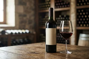 Garrafa de vinho com rótulo neutro ao lado de uma taça em uma adega elegante