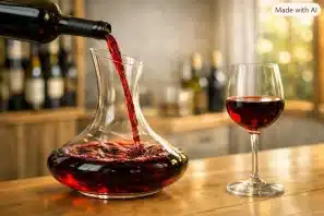 Vinho tinto sendo servido de garrafa aberta para decantador de cristal sobre mesa de madeira clara, com taça ao lado e luz natural suave em ambiente de degustação sofisticado
