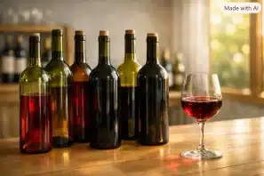 Garrafas de vinho de diferentes idades sobre mesa de madeira clara, com taça de vinho tinto ao lado e luz natural suave atravessando o ambiente, sugerindo passagem do tempo e evolução do vinho