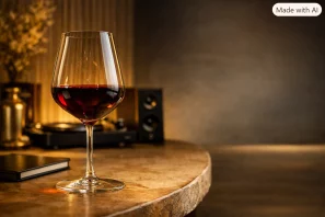 Taça de vinho tinto sobre mesa de madeira refinada, em ambiente elegante com fundo desfocado mostrando elementos decorativos e equipamentos de áudio discretos, iluminação quente e natural criando reflexos delicados no cristal