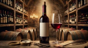 Garrafa de vinho e sua taça para avaliação, ao fundo barriques de carvalho, velas em uma adega subterrânea juntamente com garrafas em prateleiras de madeira sugerindo possíveis avaliações em um ambiente intimista.