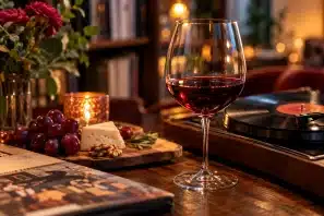 Taça de vinho tinto e toca-discos com vinil em ambiente aconchegante, representando a relação entre música e percepção do vinho. Vinho e Som: O Silêncio e os Sons que Podem Mudar a Percepção de uma Degustação.